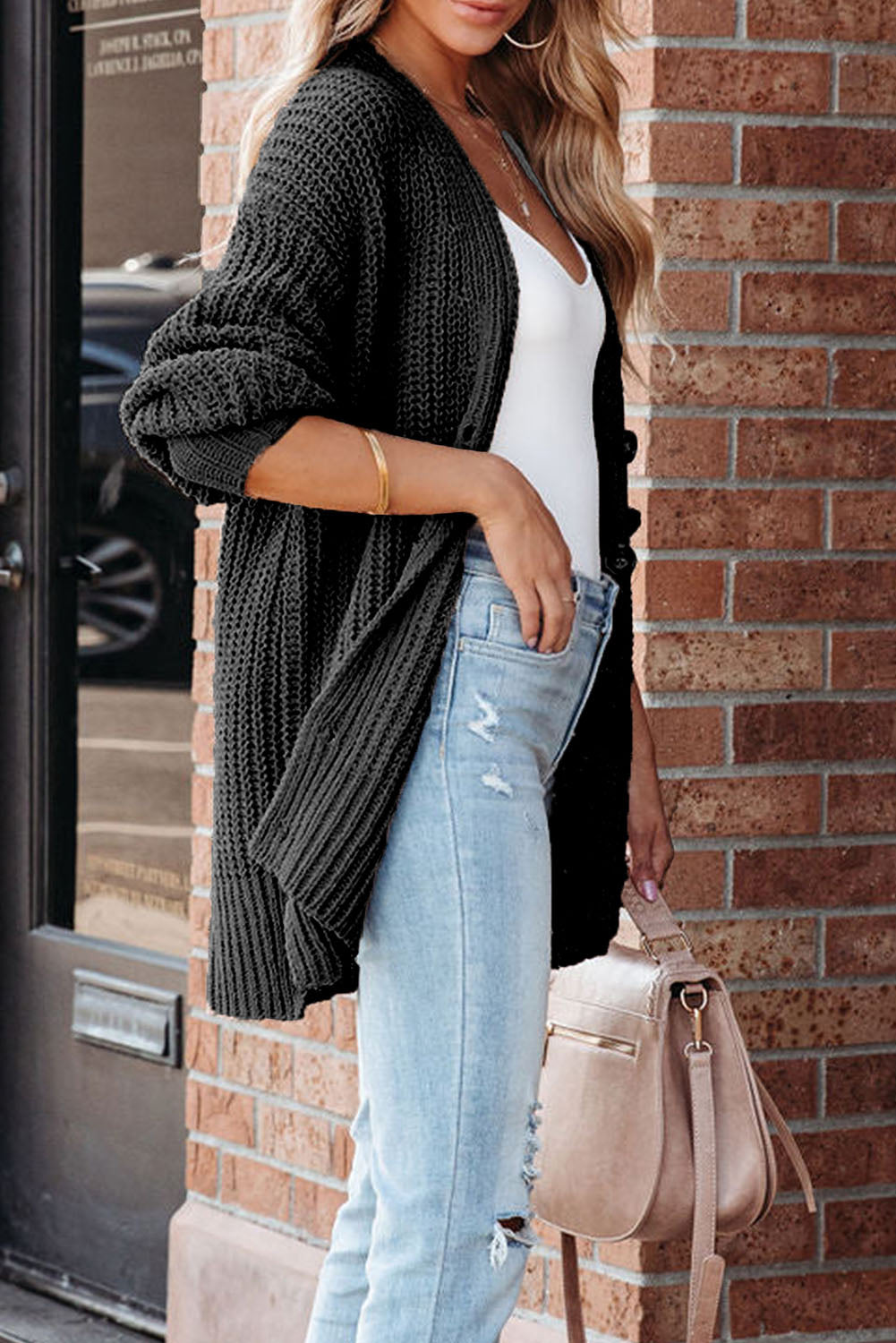 Khaki Solid Color Buttoned Down Casual Knitted Cardigan