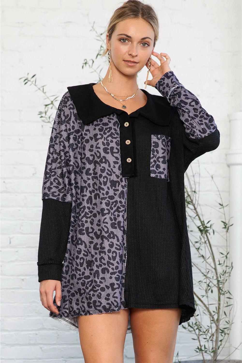 Black Waffle Knit and Leopard Print Color Block Oversized Henley Shirt