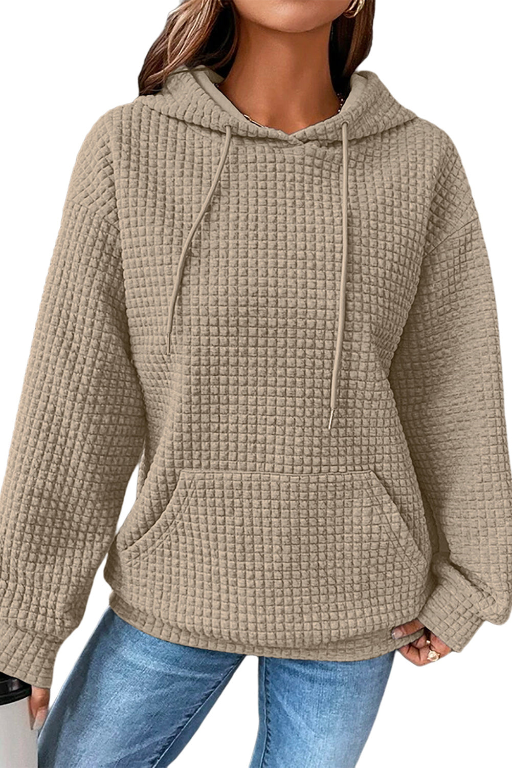 Gray Lattice Textured Kangaroo Pocket Drawstring Hoodie