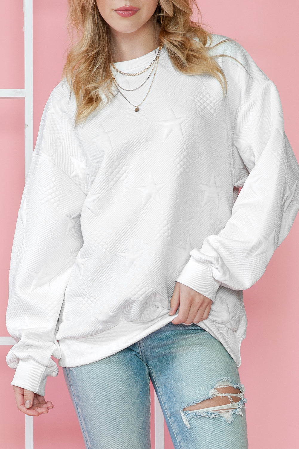 Peach Blossom Star Embossed Textured Drop Shoulder Sweatshirt