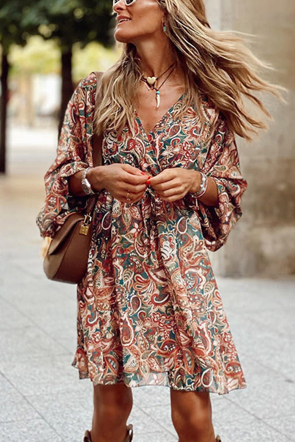 Brown Boho Abstract Print Drawstring Flowy Dress