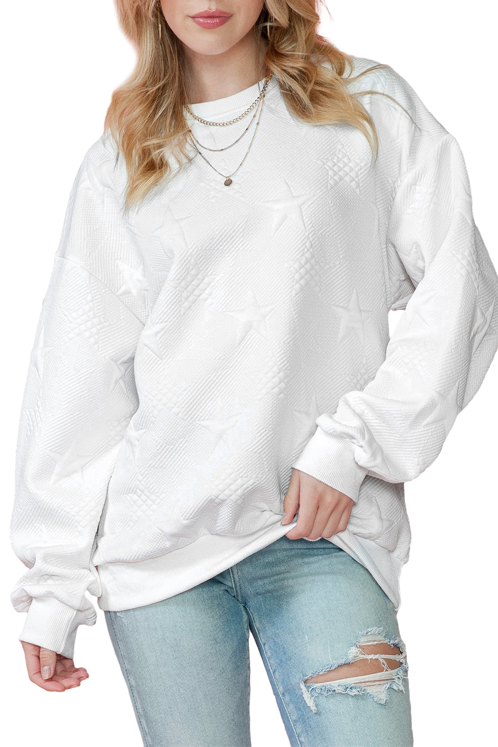 Peach Blossom Star Embossed Textured Drop Shoulder Sweatshirt