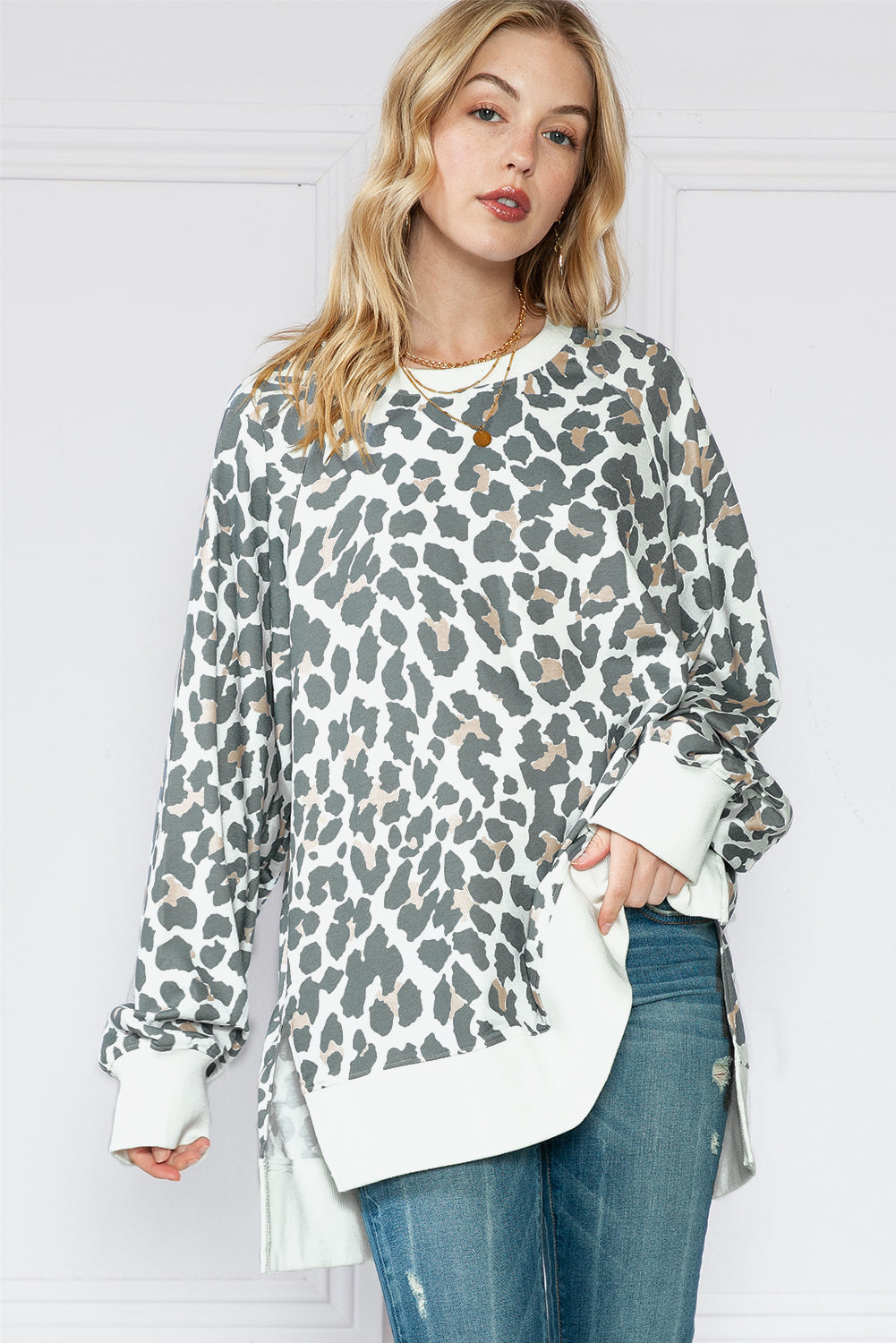 White Leopard Contrast Trim Long Sleeve Top