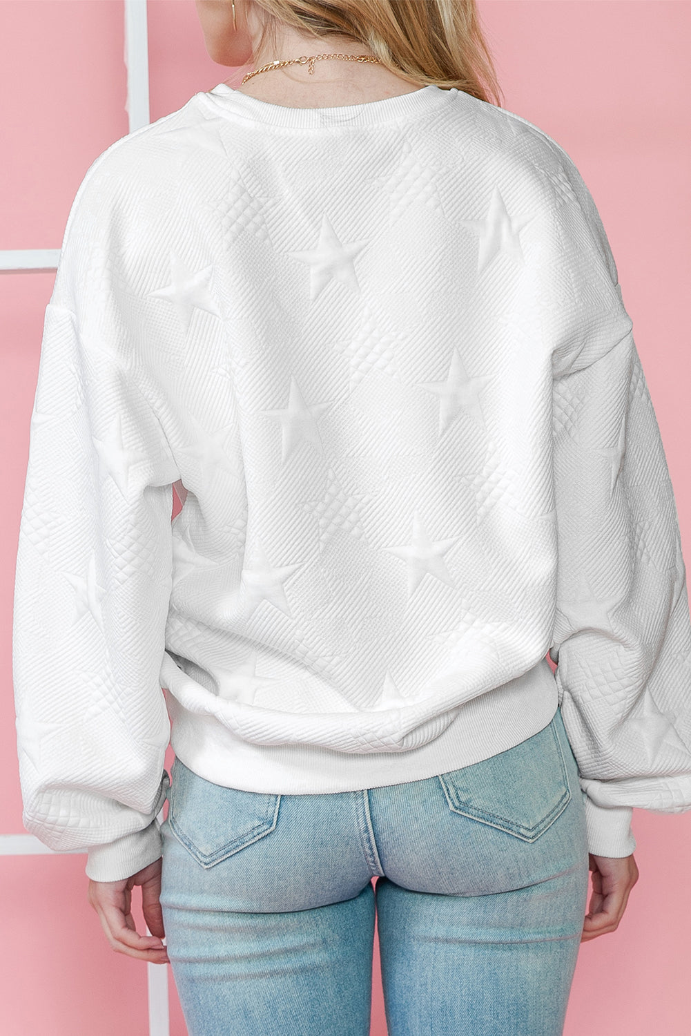 Peach Blossom Star Embossed Textured Drop Shoulder Sweatshirt