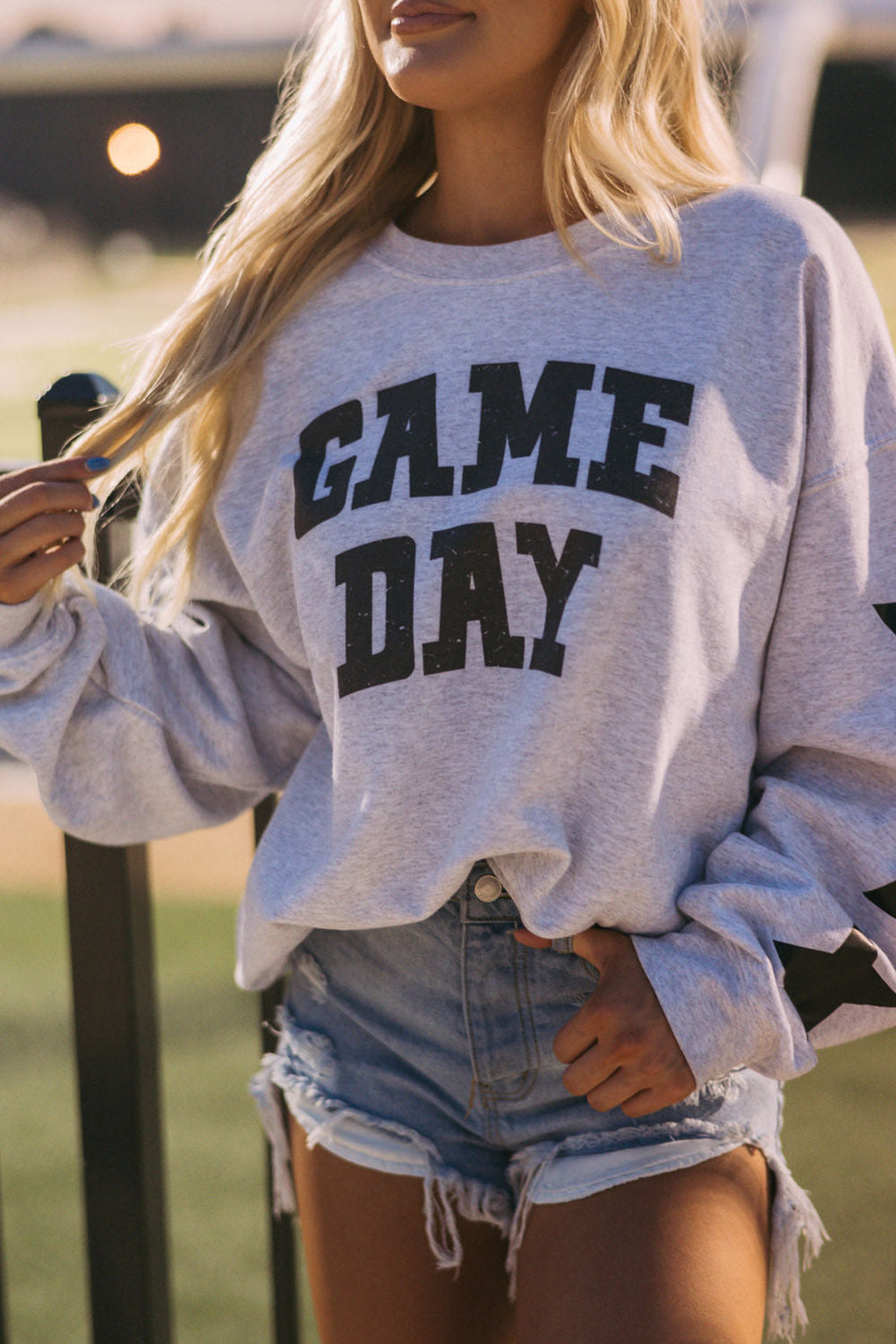 Black Lettering Game Day Print Star Sleeve Sweatshirt