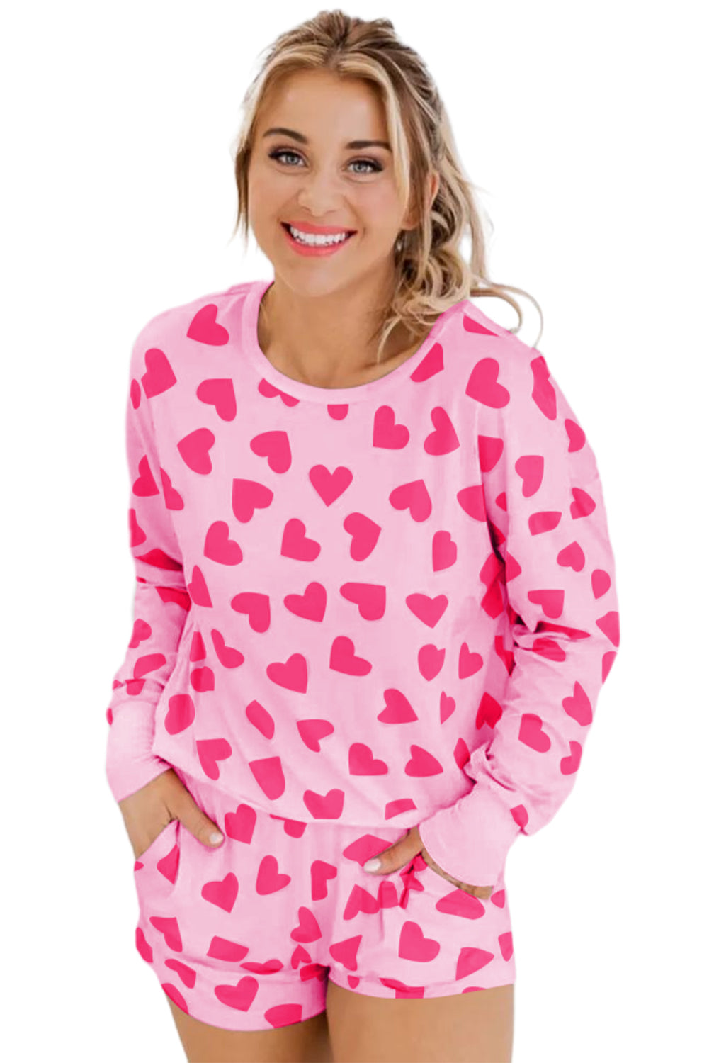 Pink Heart Print Long Sleeve Top and Shorts Loungewear Set