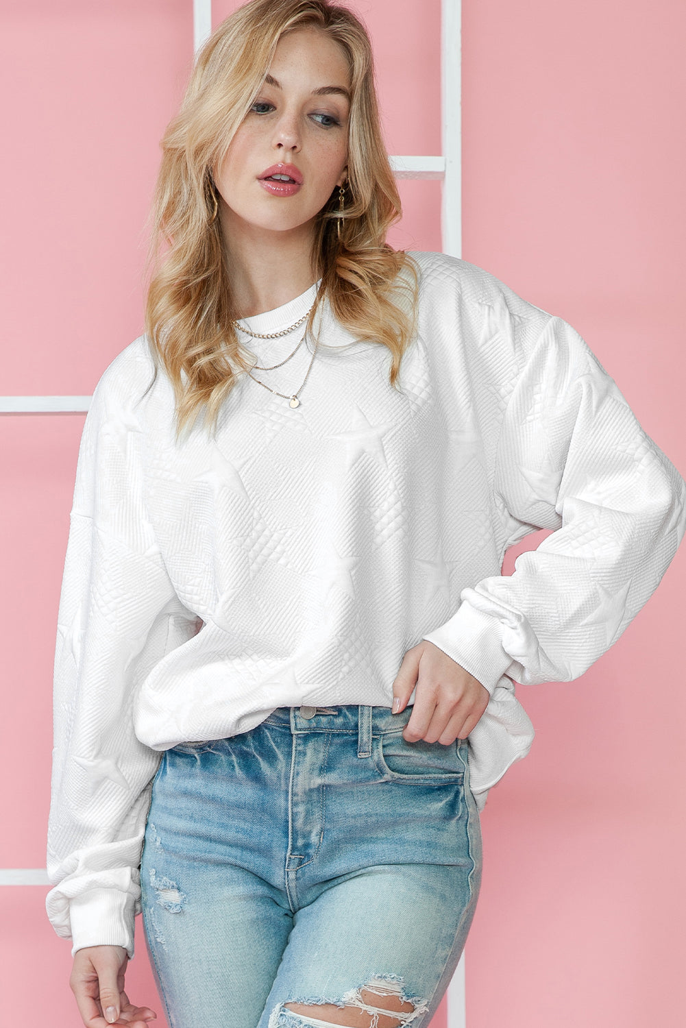 Peach Blossom Star Embossed Textured Drop Shoulder Sweatshirt