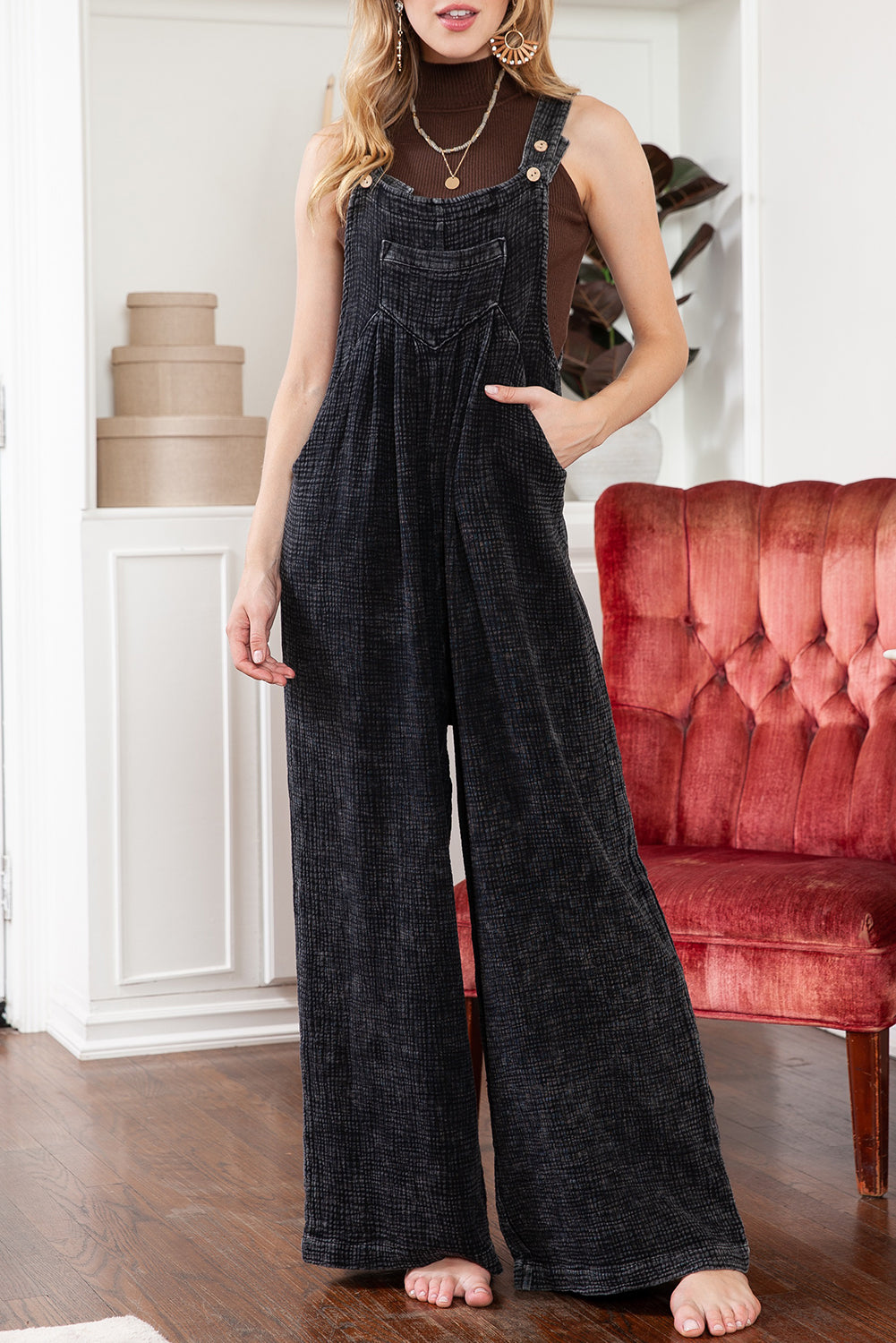 Black Crinkle Loose Fit Wide Leg Jumpsuit