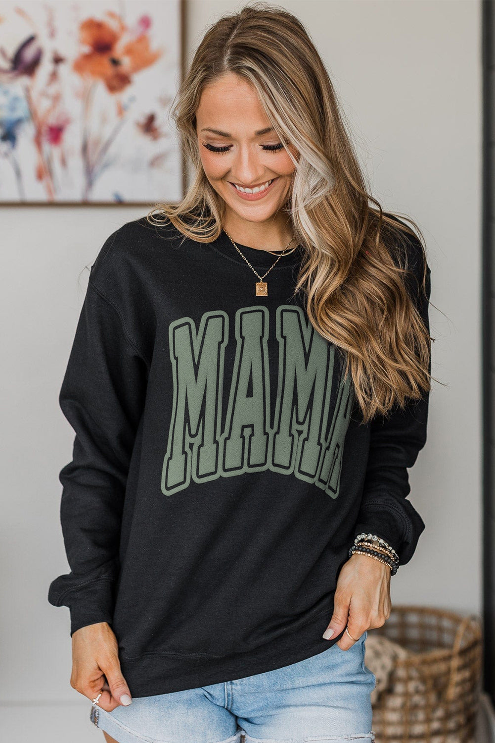 Black Mama Graphic Print Crewneck Sweatshirt