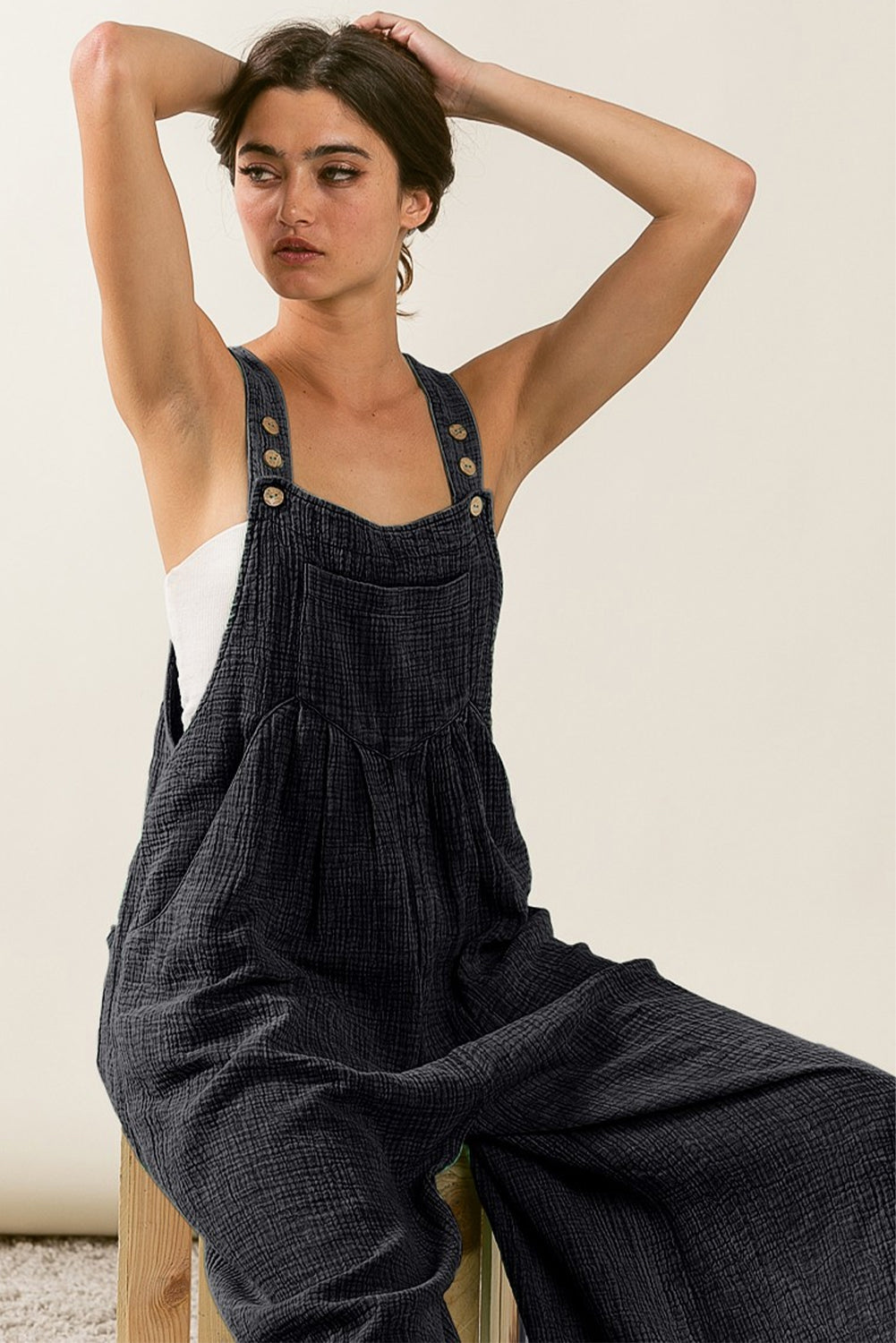 Black Crinkle Loose Fit Wide Leg Jumpsuit