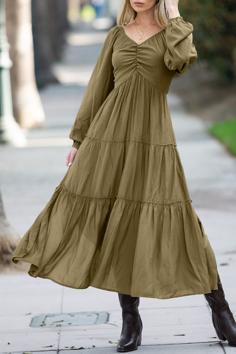 Brown V Neck Bowknot Cutout Frill Tiered Maxi Dress