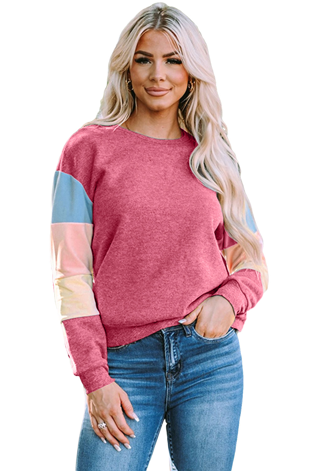 Dark Blue Color Block Casual Drop Sleeve Sweatshirt