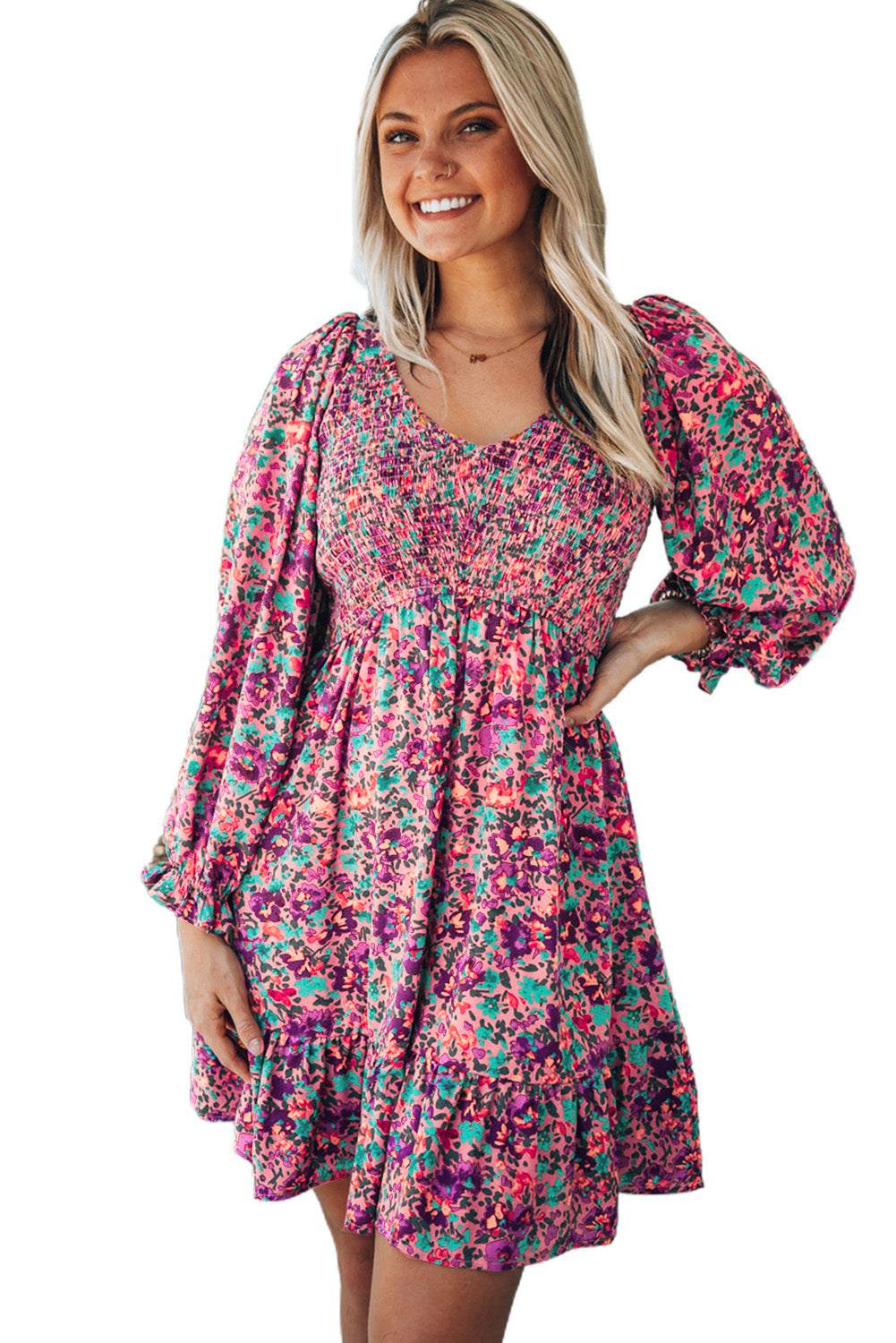 Floral Print Long Sleeve Flounce Hem V Neck Smocked Dress