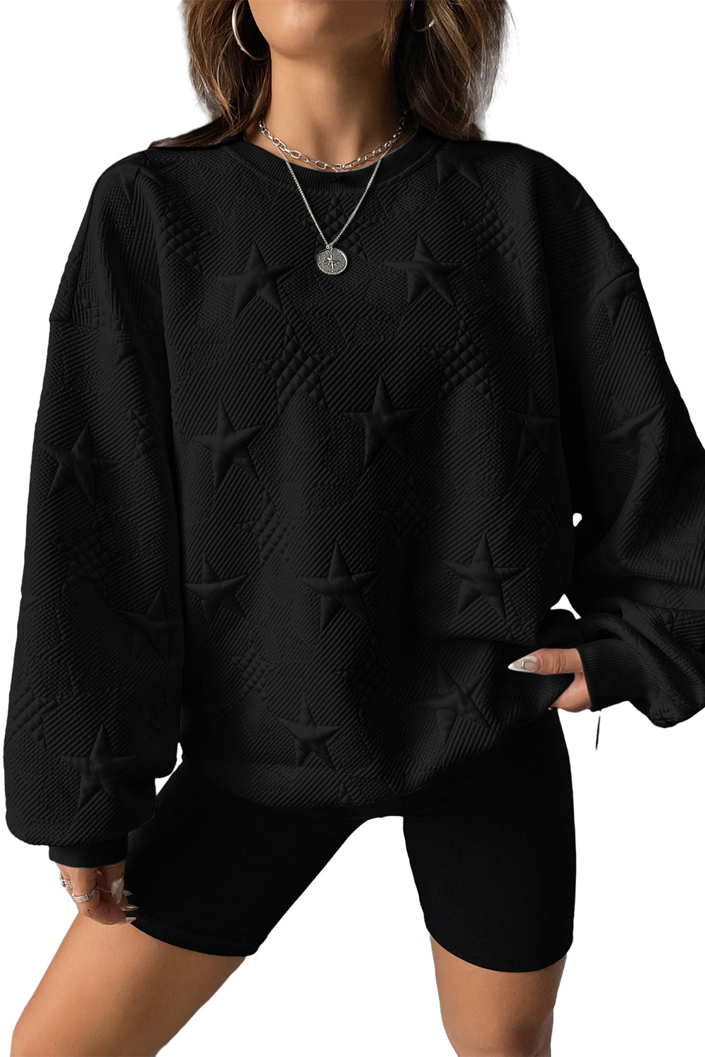 Peach Blossom Star Embossed Textured Drop Shoulder Sweatshirt