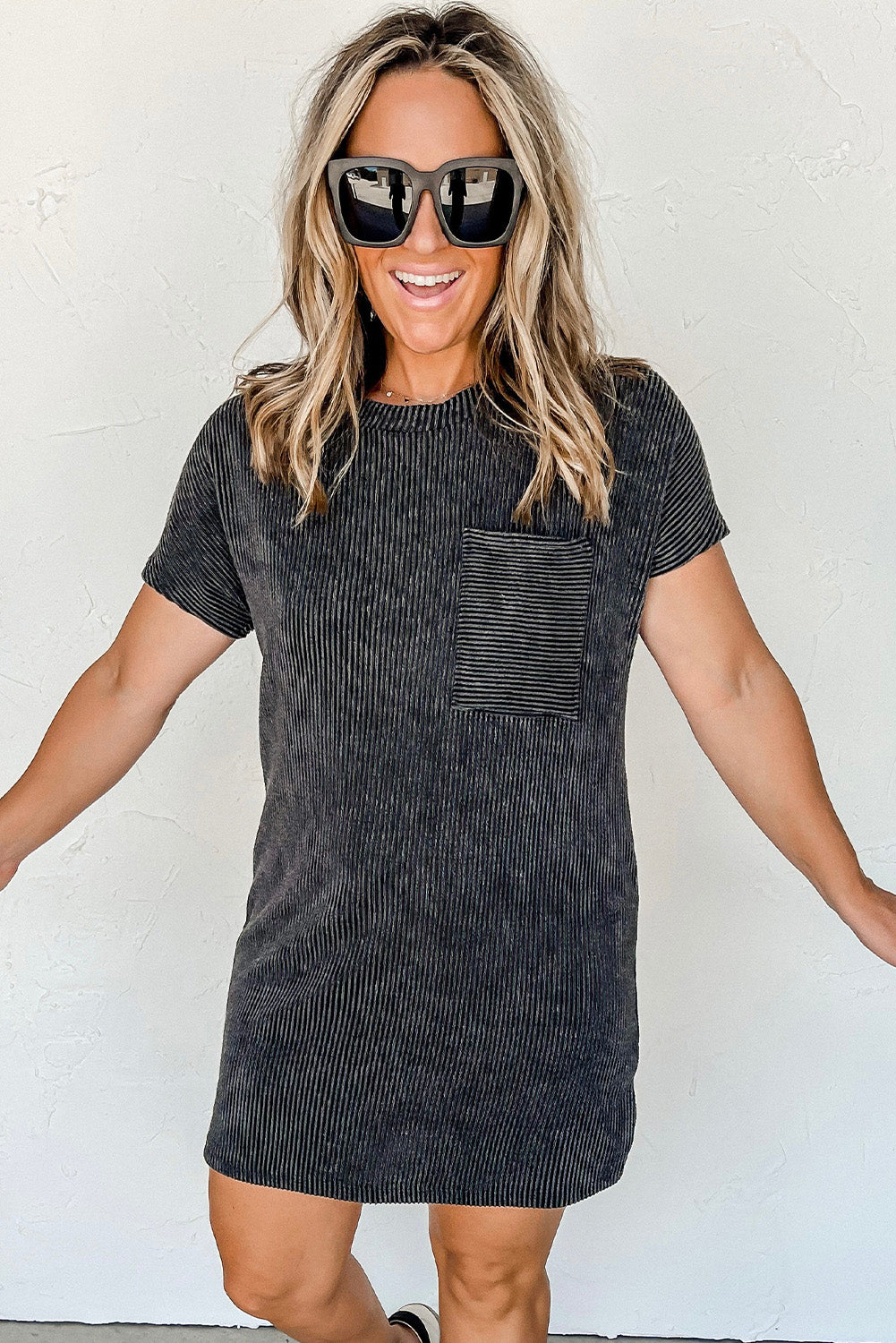 Grey Ribbed Short Sleeve Chest Pocket Casual T Shirt Dress