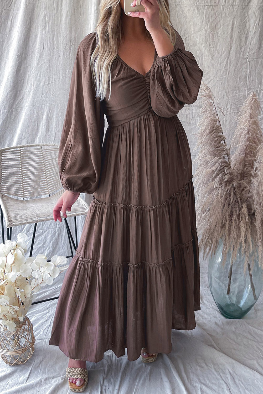 Brown V Neck Bowknot Cutout Frill Tiered Maxi Dress