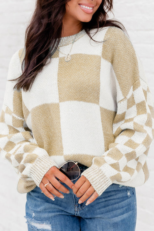 Black Plaid Knitted Drop Shoulder Sweater