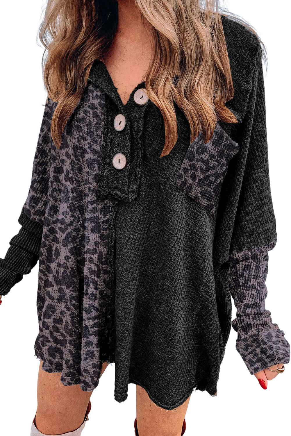 Black Waffle Knit and Leopard Print Color Block Oversized Henley Shirt