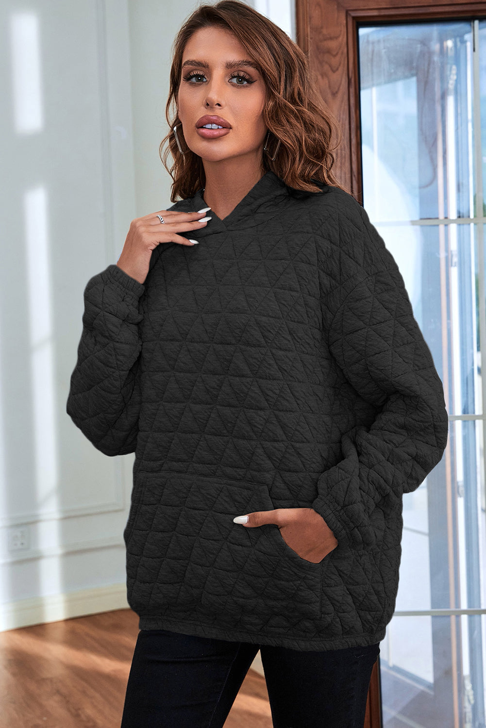 Light Grey Thermal Quilted Kangaroo Pocket Hoodie