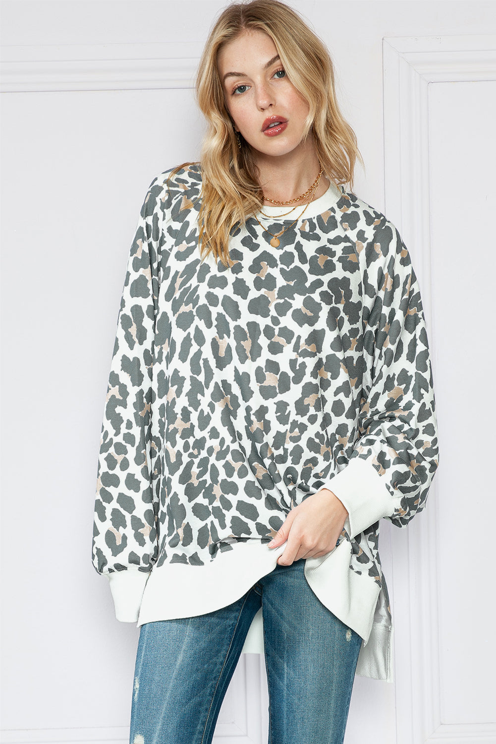 White Leopard Contrast Trim Long Sleeve Top