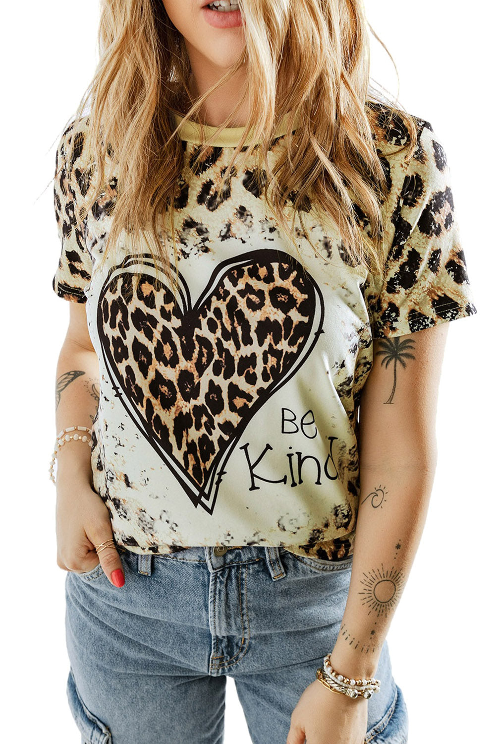 Cheetah Casual Be Kind Heart Print Graphic T Shirt