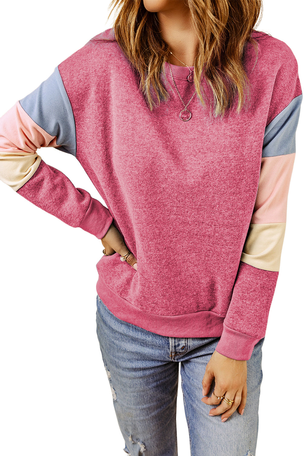 Dark Blue Color Block Casual Drop Sleeve Sweatshirt