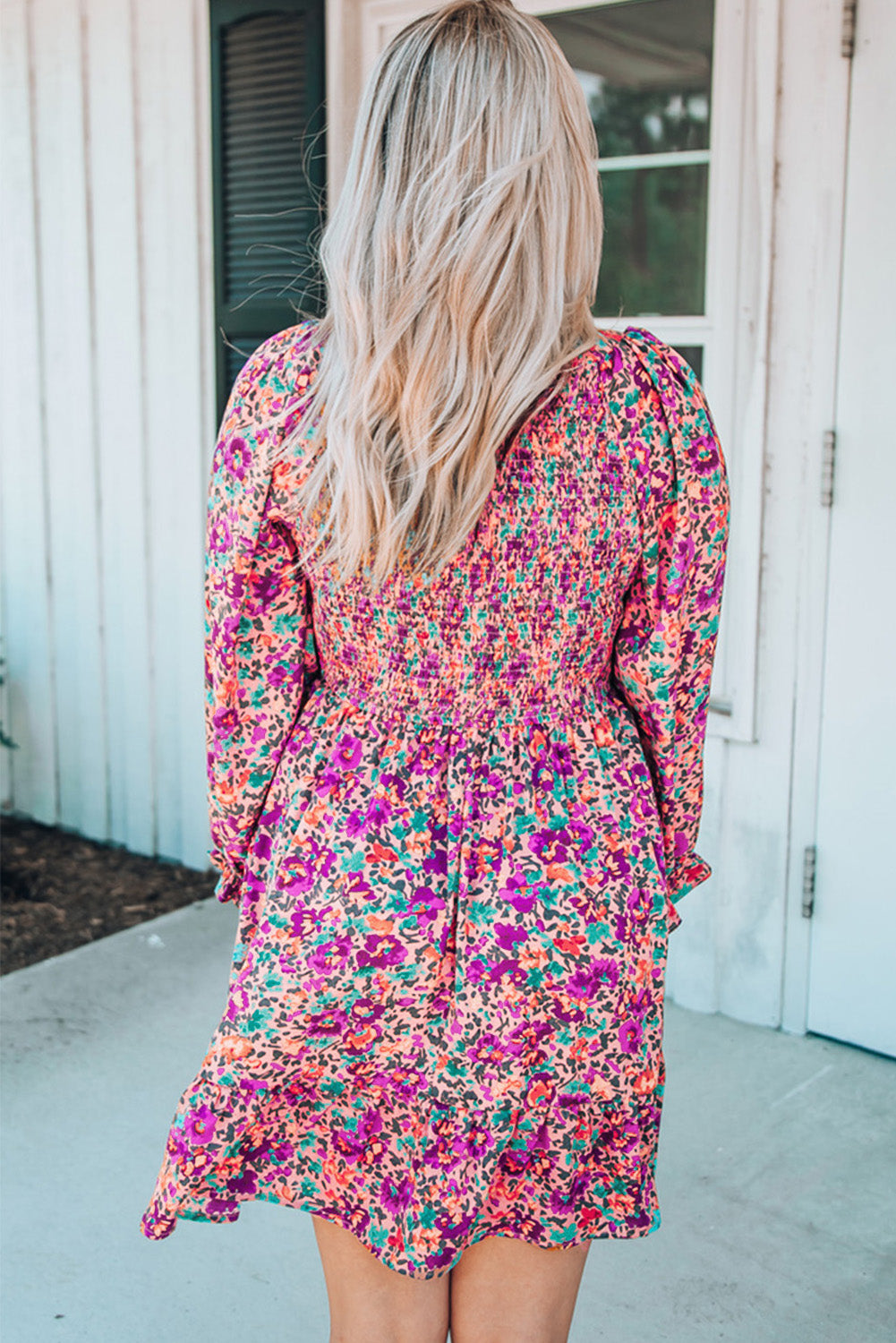 Floral Print Long Sleeve Flounce Hem V Neck Smocked Dress