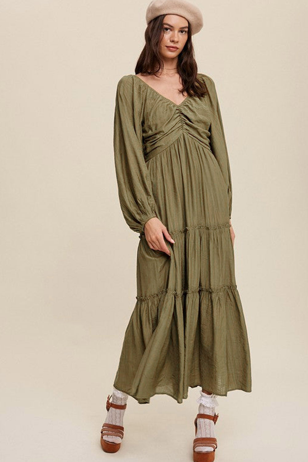 Brown V Neck Bowknot Cutout Frill Tiered Maxi Dress