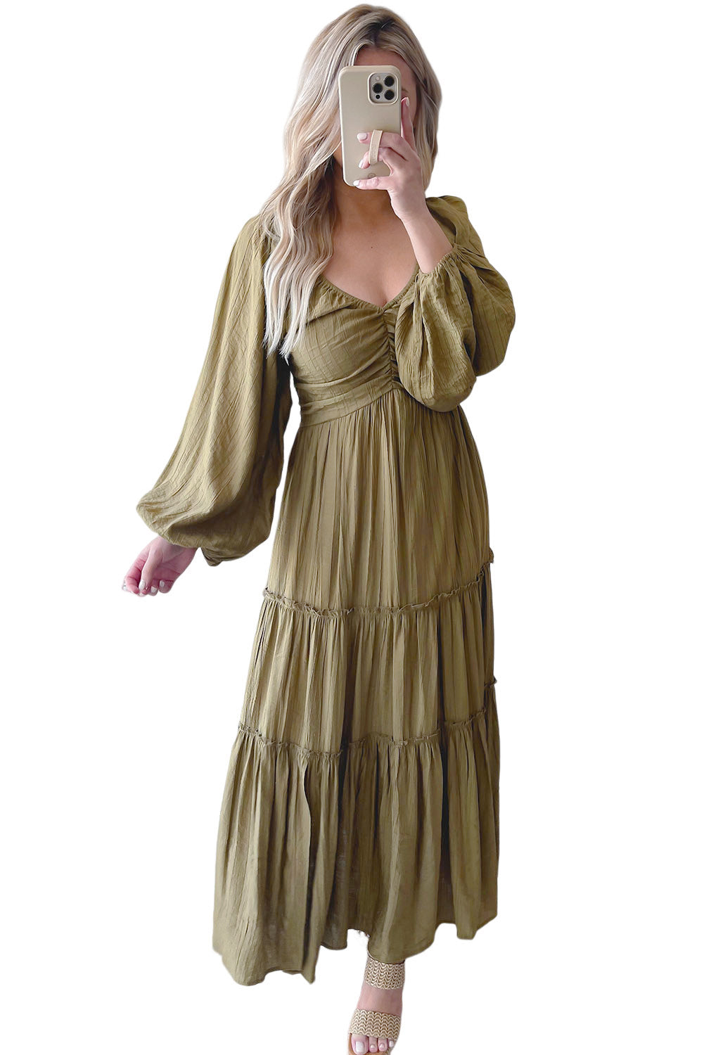 Brown V Neck Bowknot Cutout Frill Tiered Maxi Dress