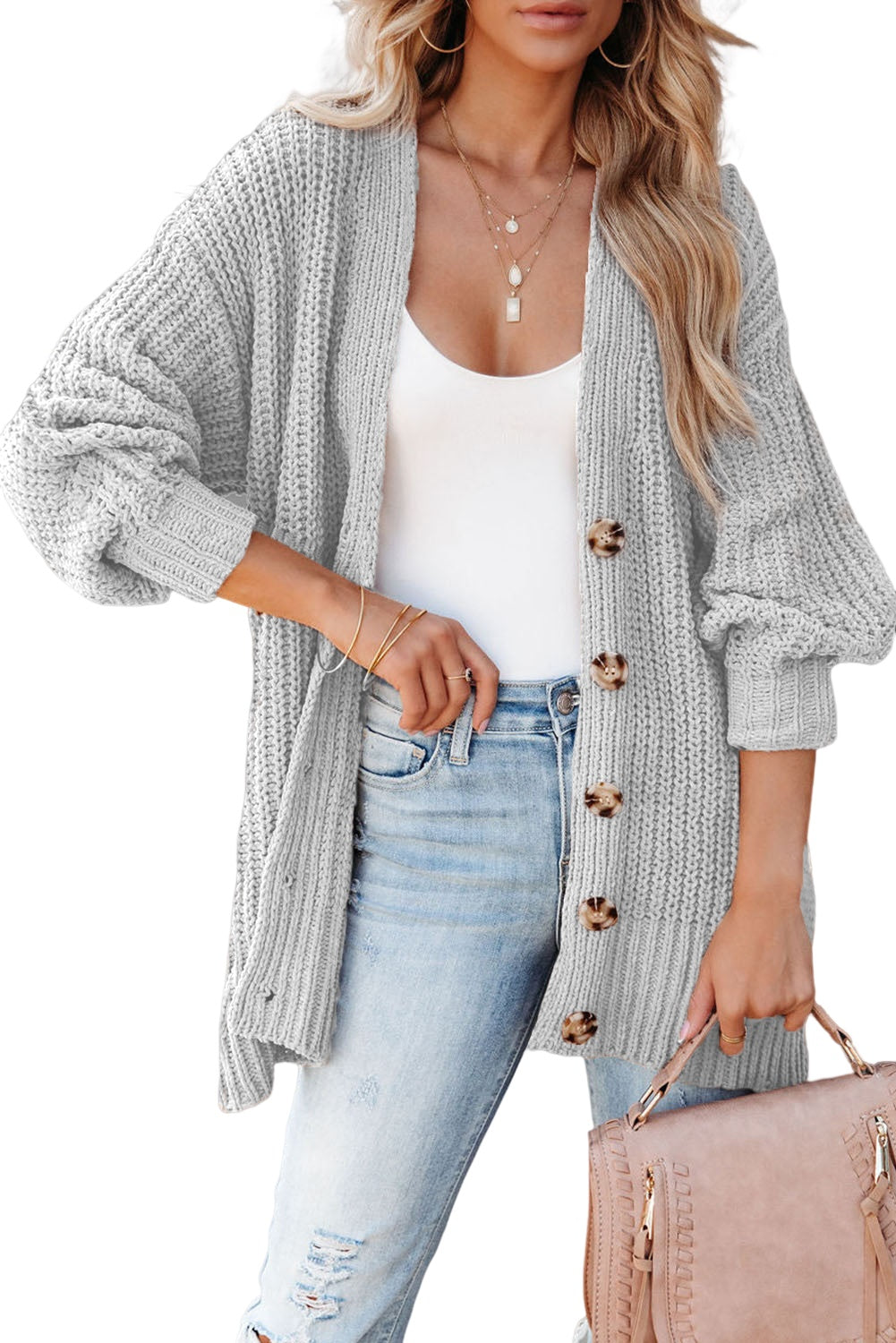 Khaki Solid Color Buttoned Down Casual Knitted Cardigan