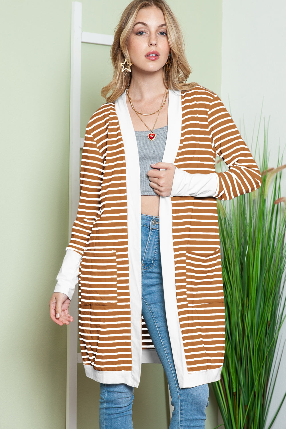 White Striped Side Pockets Open Front Long Cardigan