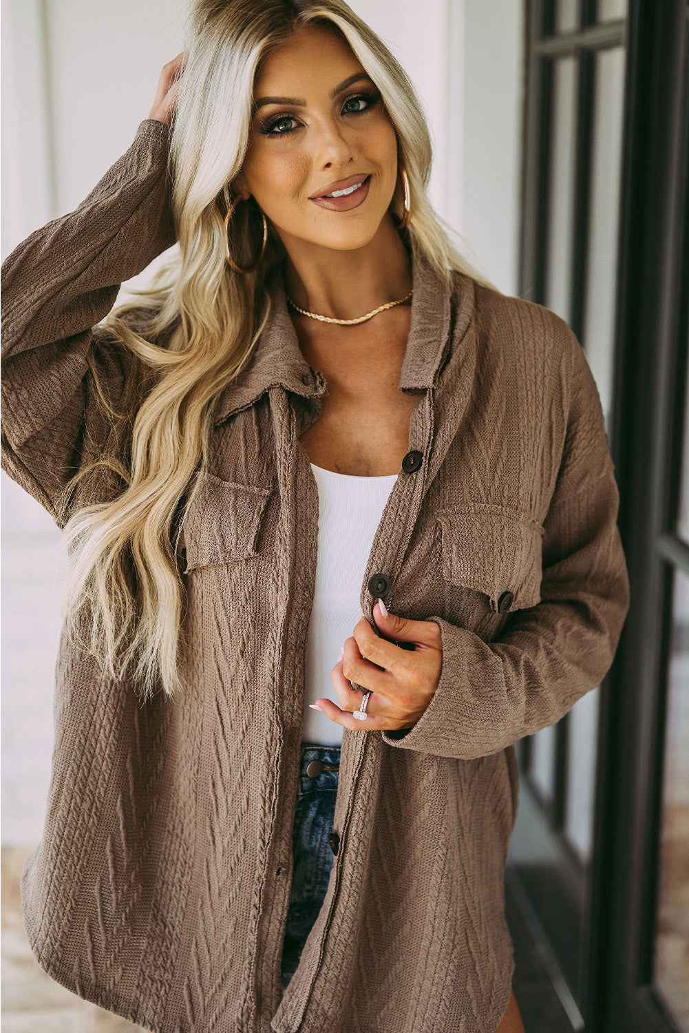 Khaki Casual Textured Button Front Oversized Knit Jacket