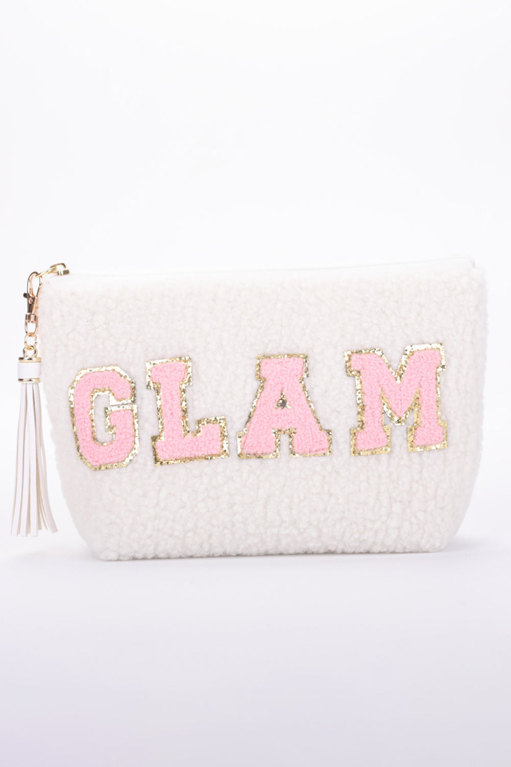 Camel Sparkle Letter Pattern Tassel Zipper Makeup Bag