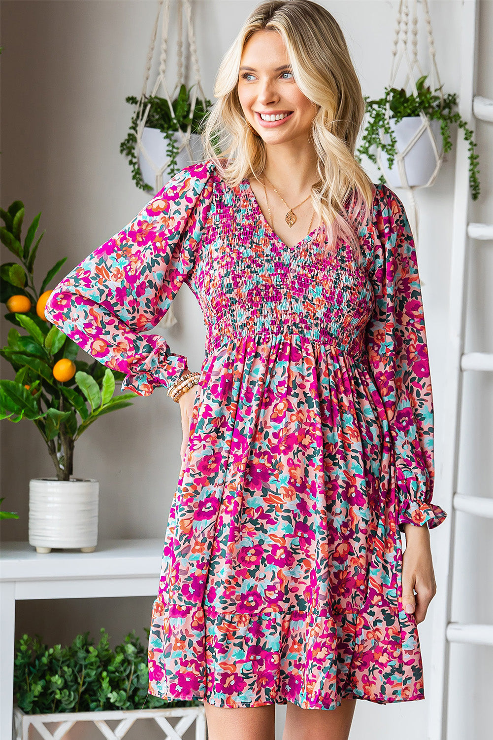 Floral Print Long Sleeve Flounce Hem V Neck Smocked Dress