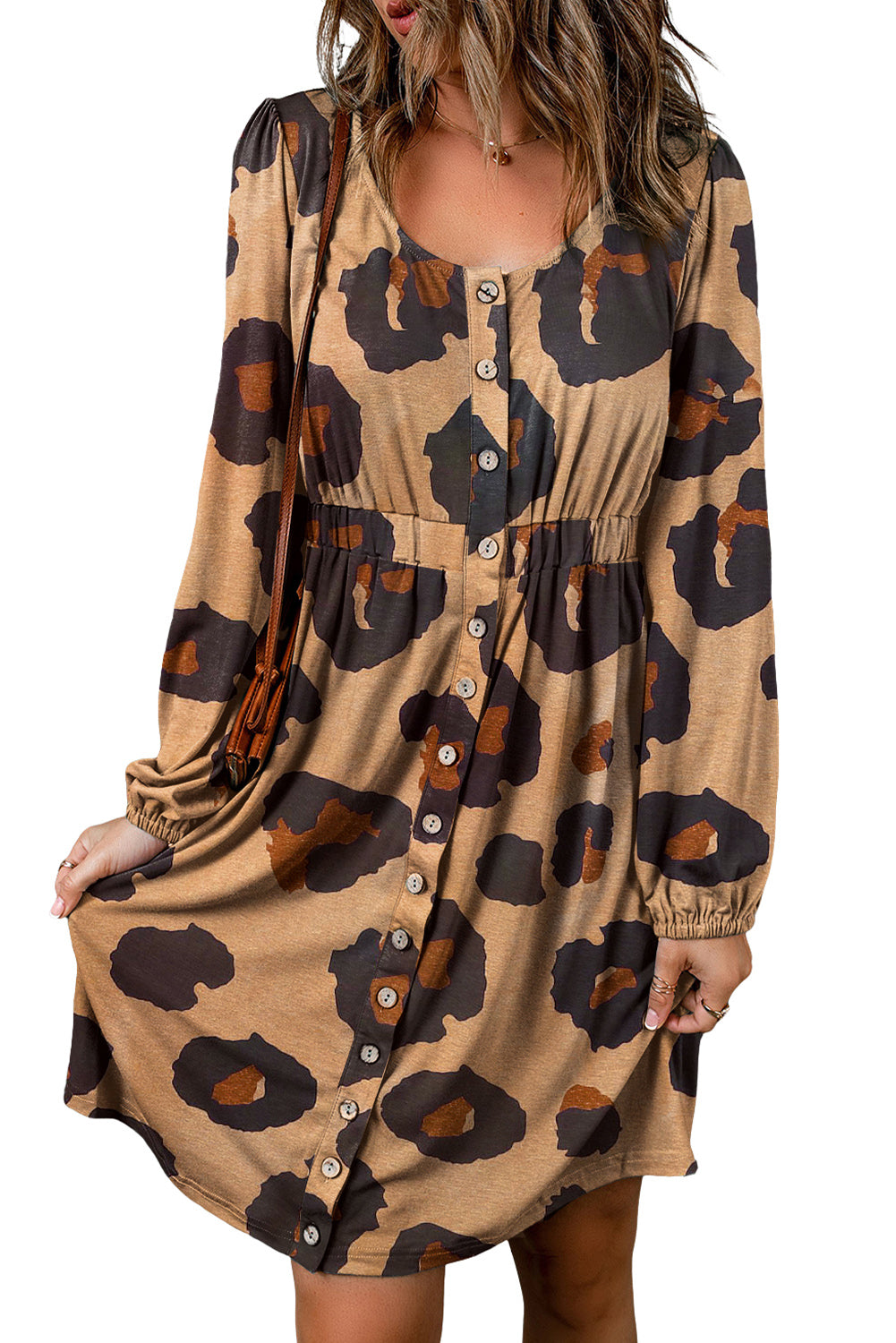 Leopard Animal Print Buttoned Front Bubble Sleeve Loose Knit Dress