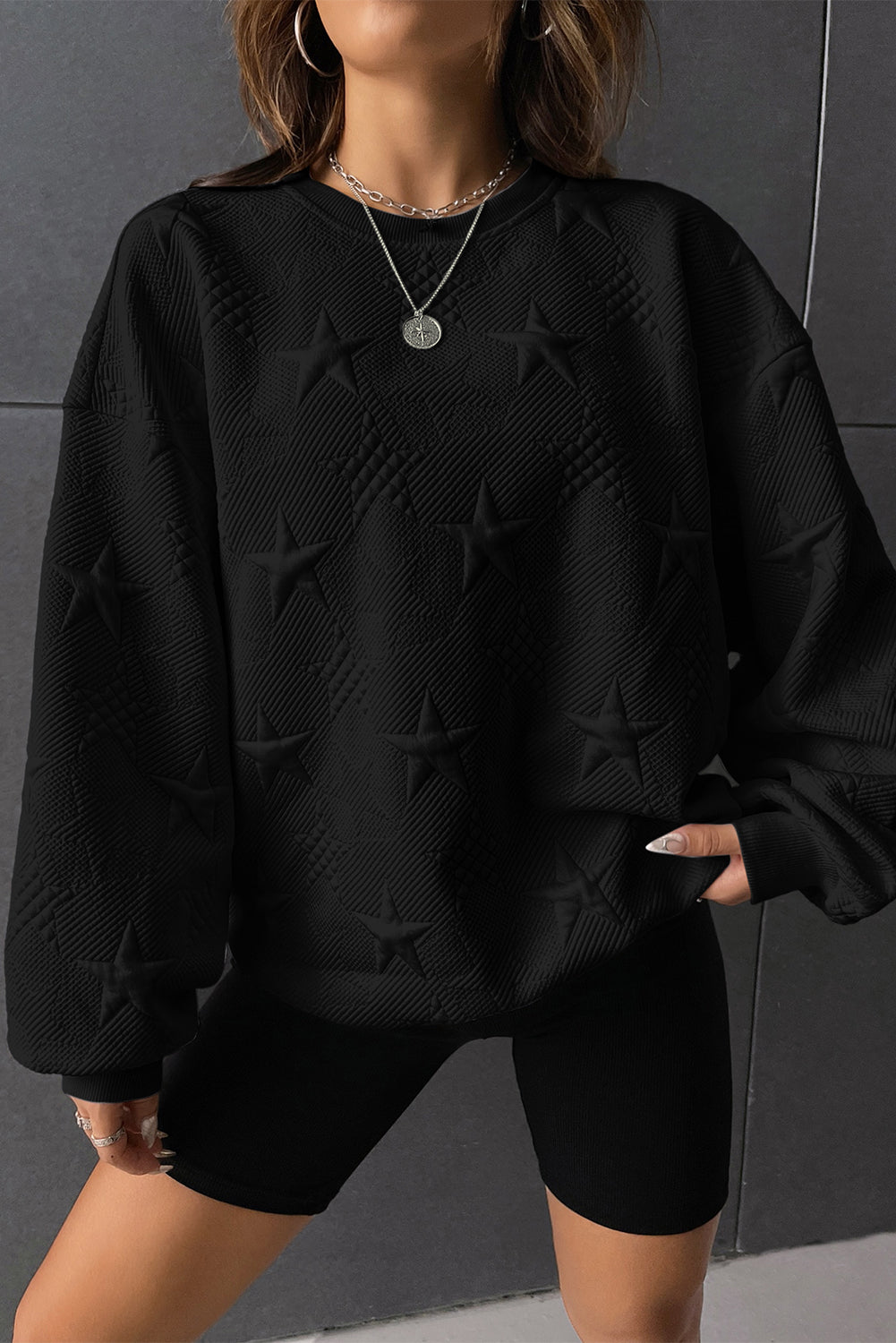 Peach Blossom Star Embossed Textured Drop Shoulder Sweatshirt