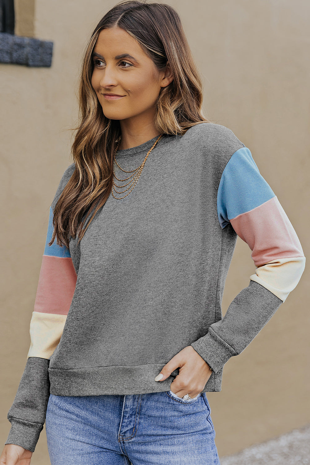 Dark Blue Color Block Casual Drop Sleeve Sweatshirt