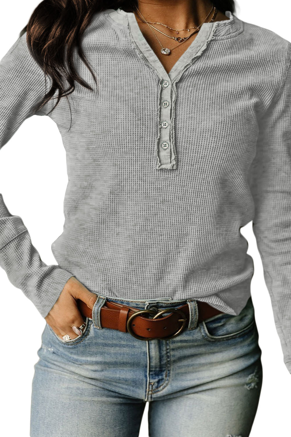 Green Solid Color Waffle Knit Long Sleeve Henley Shirt