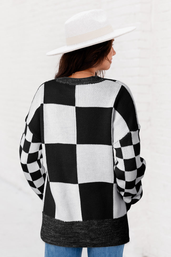 Black Plaid Knitted Drop Shoulder Sweater