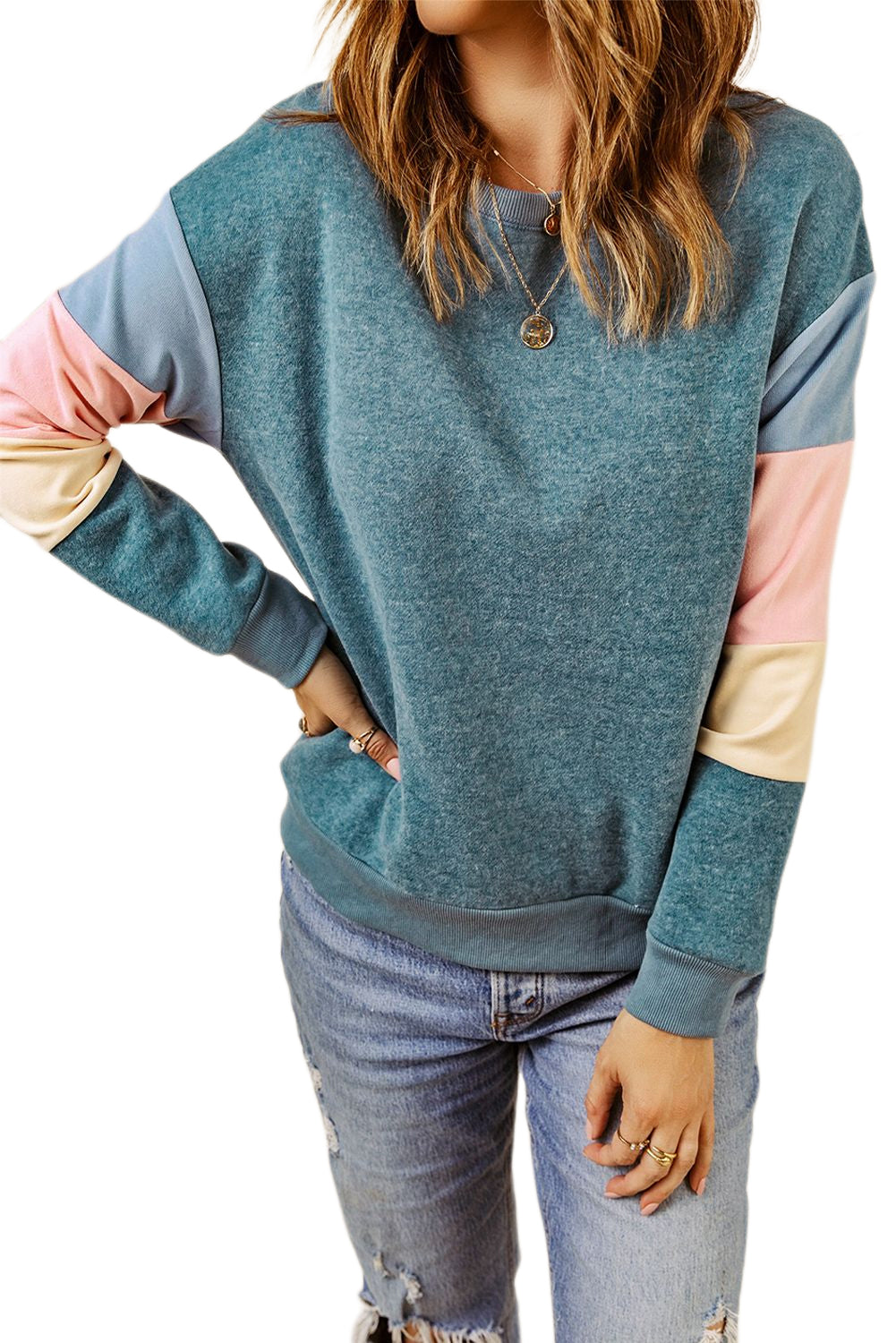 Dark Blue Color Block Casual Drop Sleeve Sweatshirt