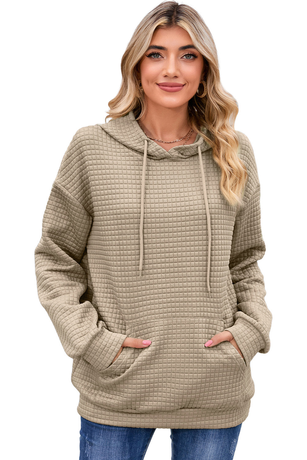 Gray Lattice Textured Kangaroo Pocket Drawstring Hoodie