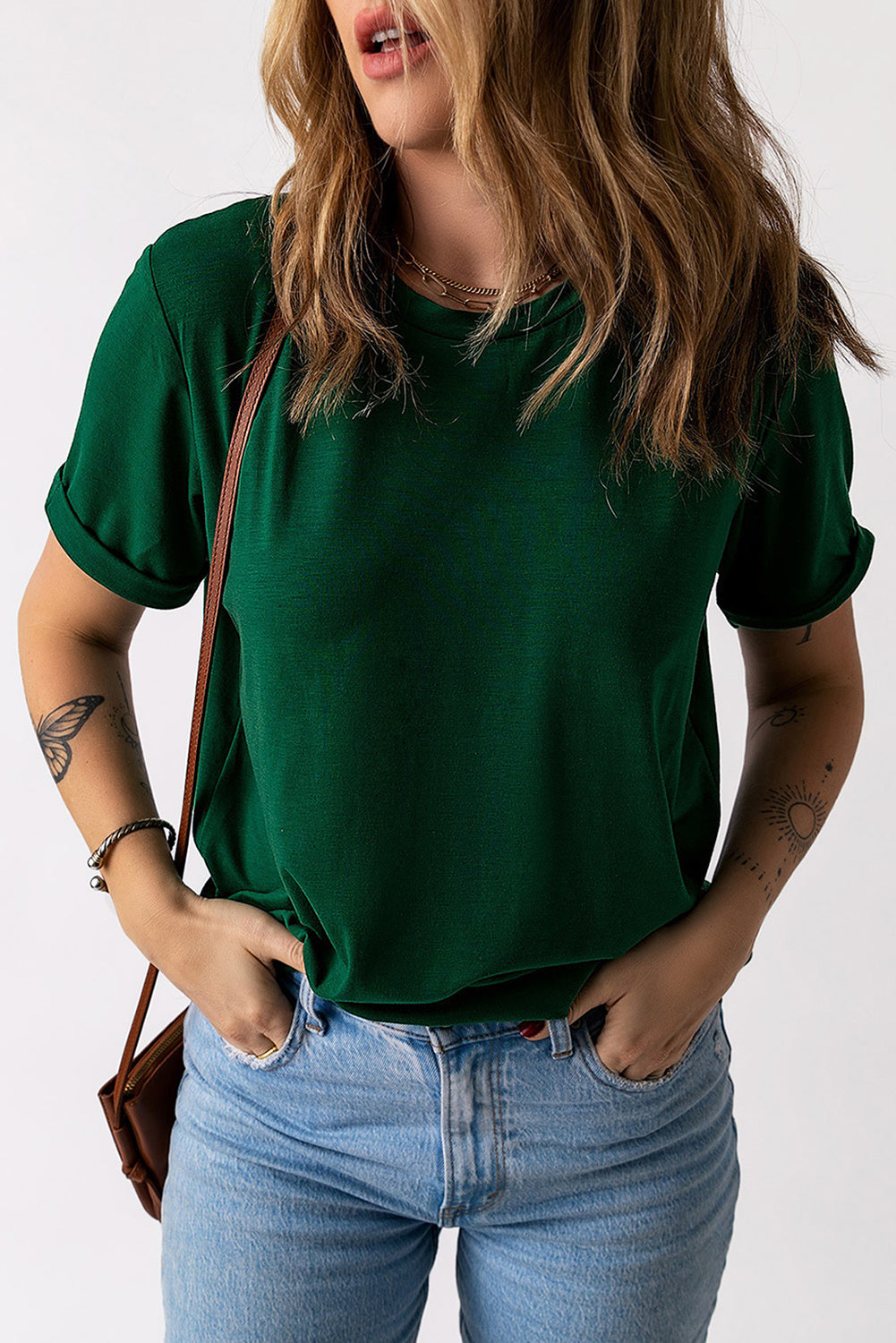 Khaki Solid Color Crew Neck Tee