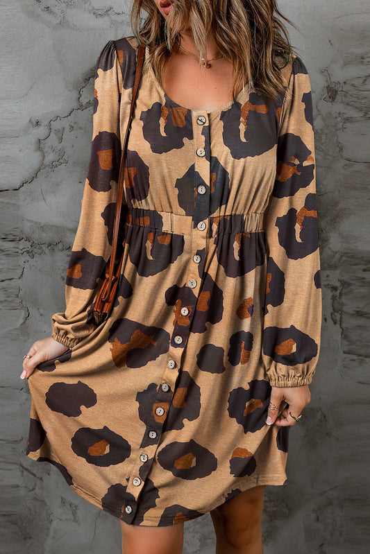 Leopard Animal Print Buttoned Front Bubble Sleeve Loose Knit Dress