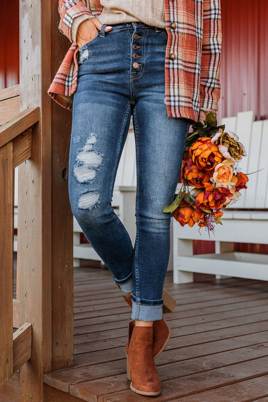 Blue Distressed Button Fly High Waist Skinny Jeans