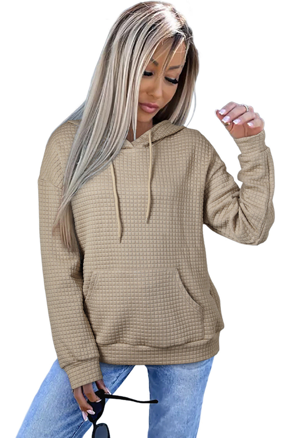 Gray Lattice Textured Kangaroo Pocket Drawstring Hoodie