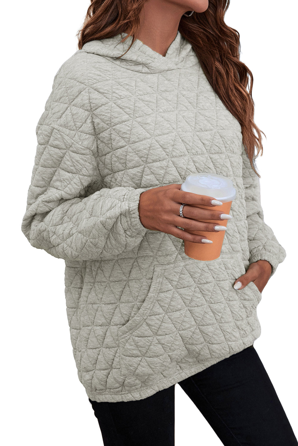 Light Grey Thermal Quilted Kangaroo Pocket Hoodie