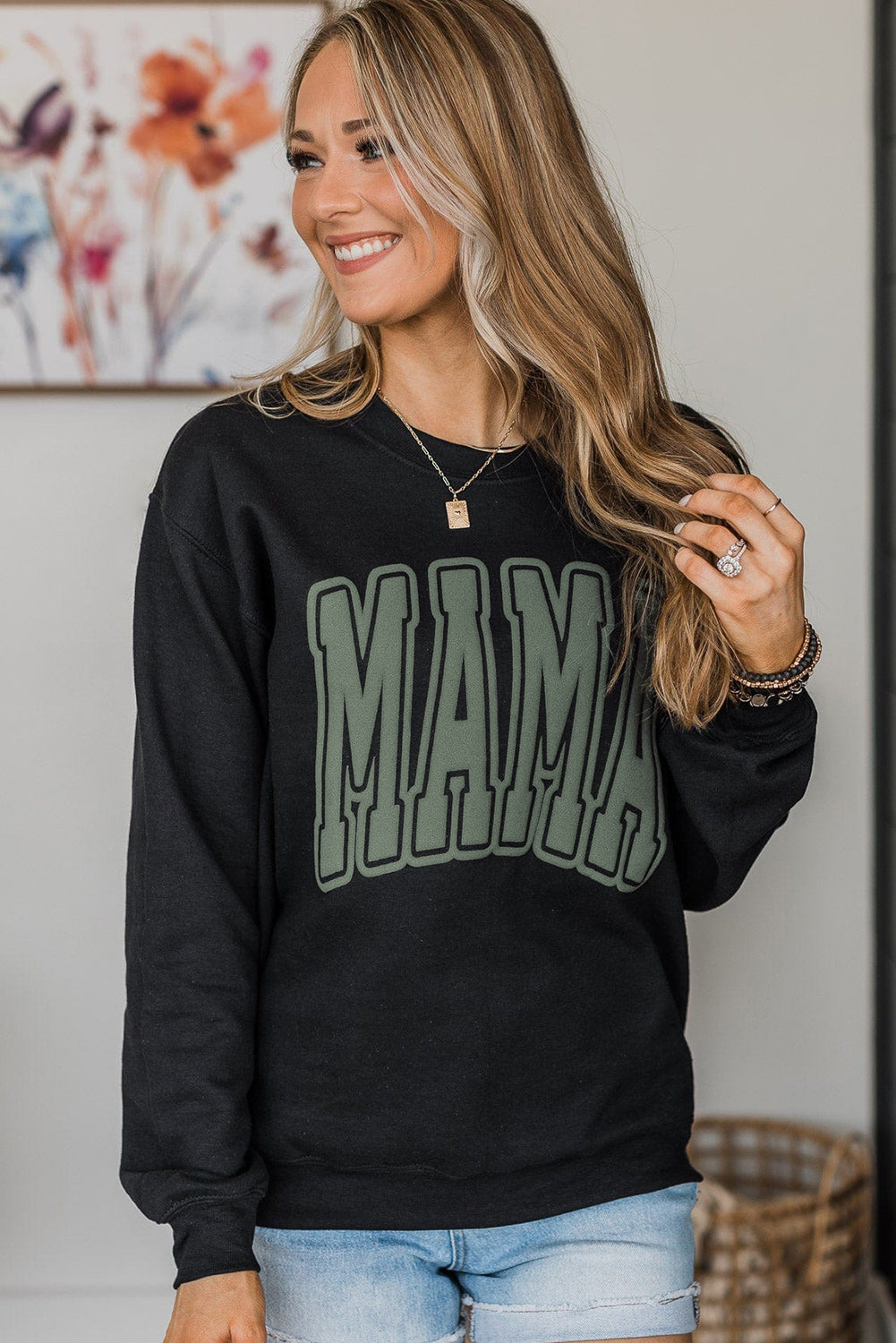 Black Mama Graphic Print Crewneck Sweatshirt