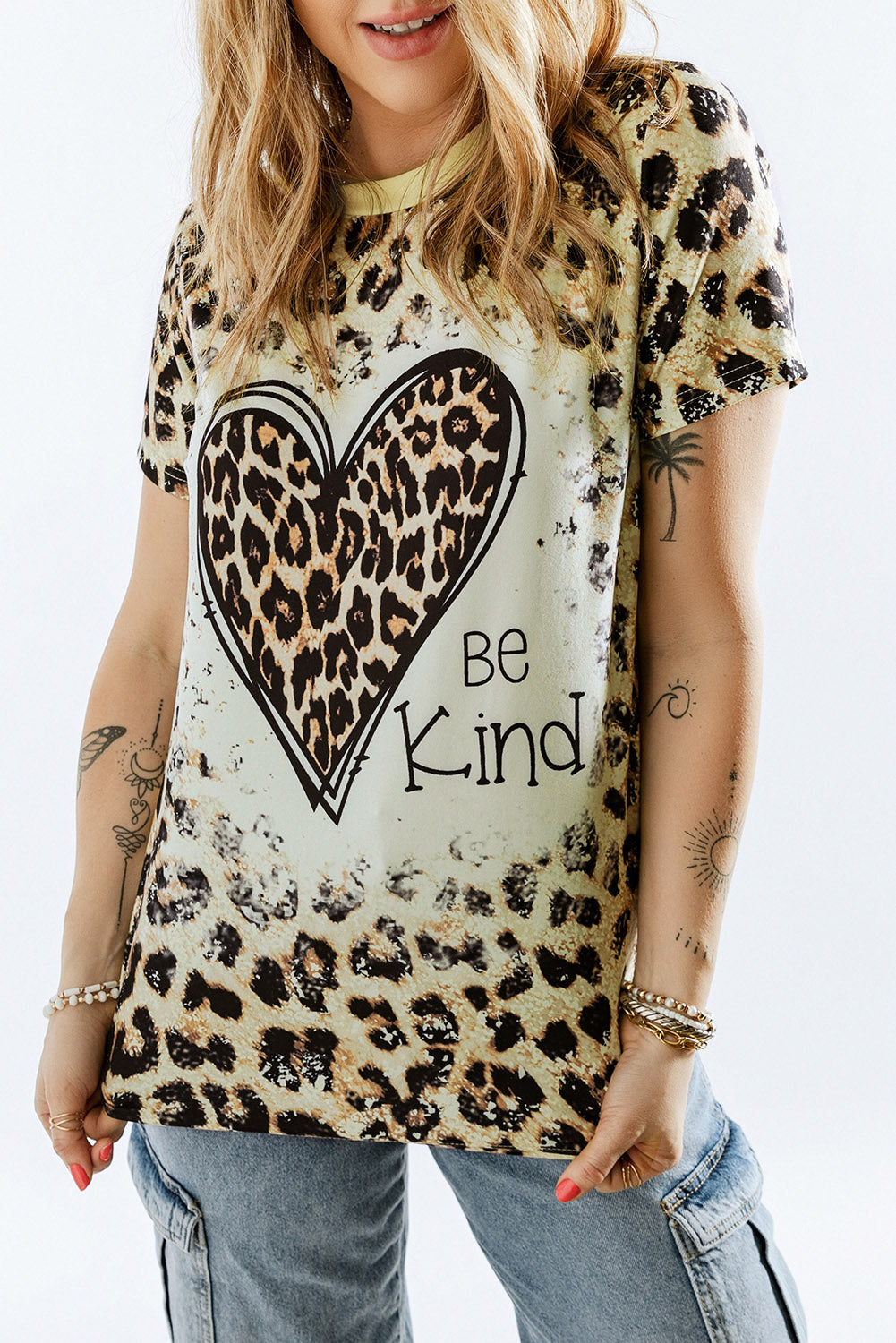 Cheetah Casual Be Kind Heart Print Graphic T Shirt