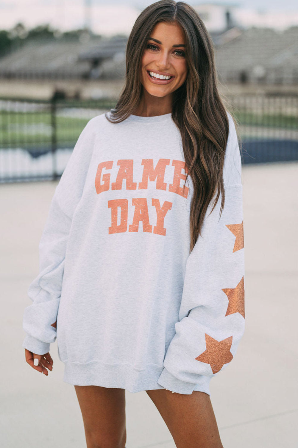 Black Lettering Game Day Print Star Sleeve Sweatshirt