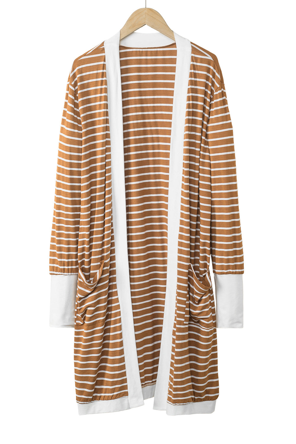 White Striped Side Pockets Open Front Long Cardigan